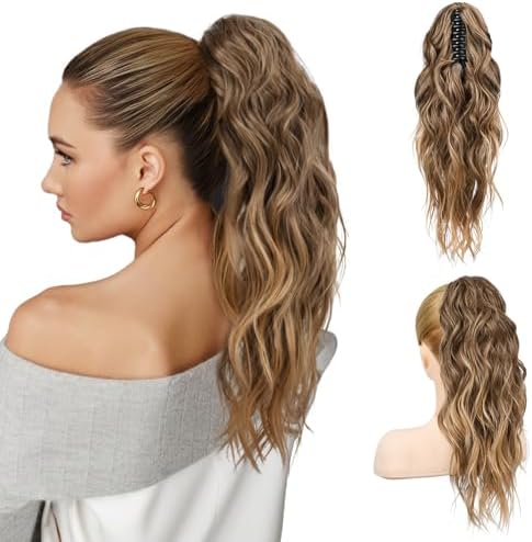 FLUFYMOOZ Ponytail Extension, 18 Inch Claw Clip Ponytail Extension, Wavy Curly Claw Clip in Ponytail Hair Extensions, Natural Ponytail Synthetic Hairpiece for Women (Chocolate Brown to Light Brown) by Flufymooz