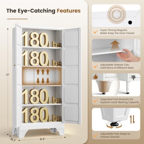Yizosh Metal Storage Cabinet 71" White Kitchen Pantry Storage Cabinet - Image 2