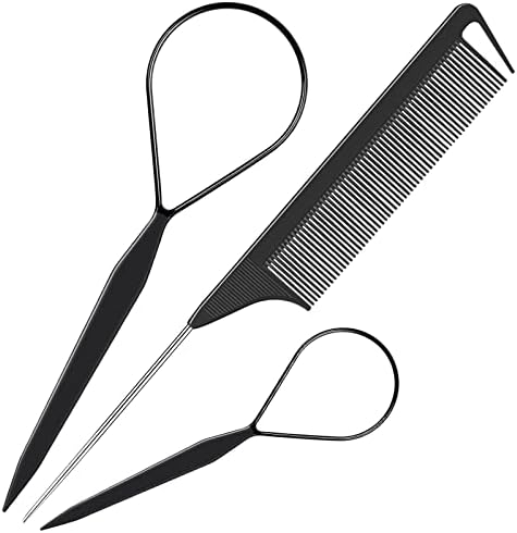 TsMADDTs 3Pack Hair Styling Tools Set with French Braid Loop, Rat Tail Comb, and Metal Pin Tail Braiding Comb, Black by TsMADDTs
