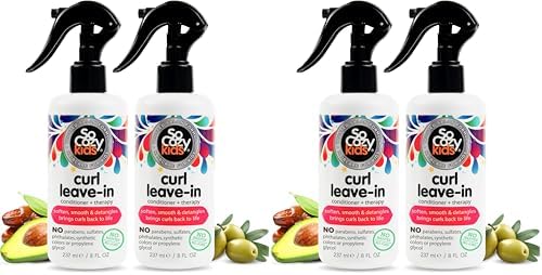 SO COZY Leave In Conditioner Spray (8 Fl Oz) Detangler for Kids' Curly Hair,Tangle-Free Curls,Gentle & Nourishing with Keratin,Vitamin B5,Olive & Jojoba Oil,Paraben-Free,(Pack of 4) by SoCozy