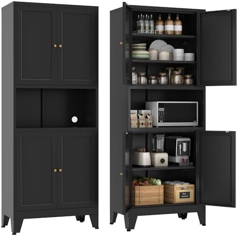 YAUWOH 69" Tall Metal Pantry Cabinet with Microwave Shelf, 4 Doors & 3 Adjustable Shelves, 120LBS Per Shelf Heavy Duty Storage Cabinet with Anti-Tip Design for Kitchen,Dining Room (1PC,Black) by YAUWOHFactoryOutletsColorfulMetalFurniture