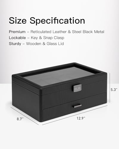VLANDO Watch Box 10 Slots, Lockable Watch Case with Textured Leather, 2 Layer Watch Holder for Rings, Glasses, Mens Jewelry Box with Glass Lid, Removable Divider, Gifts for Father, Husband, Black - Image 5
