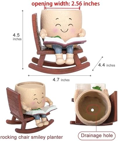 Rocking Chair Smiley Face Planter with Drainage Hole, Cute Plant Pots for Indoor Outdoor Plants,Unique Flower Pot for Succulents, Gift for Mother's Day, Birthday, Christmas - Image 2