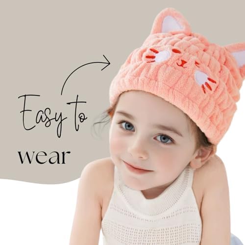 Microfiber Hair Towel Wrap for Kids, Pink Cat Toddler Quick Drying Cap - Image 5
