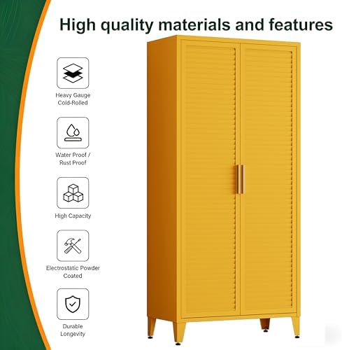 61" Tall Metal Pantry Cabinet with Lock and 3 Adjustable Shelves,Freestanding Heavy Duty Steel Storage Locker,Yellow Metal Cabinets for Kitchen,Living Room,Home 61" H X 27.6" W X 13.8" D - Image 5
