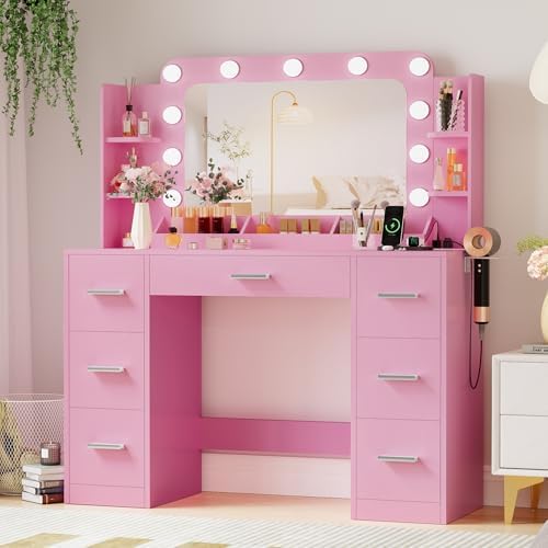 JUMMICO Makeup Vanity Desk with Large Mirror and Lights, Vanity with Power Strip and Hairdryer Holder, 6 Open Shelves and 7 Drawers Modern Dressing Table, for Bedroom (Pink) by JUMMICO