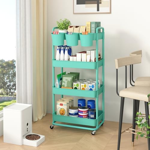 JIUYOTREE 4-Tier Plastic Rolling Storage Cart Utility Cart with Extra Hanging Cups Handles Lockable Wheels for Living Room Bathroom Kitchen Office Green - Image 4