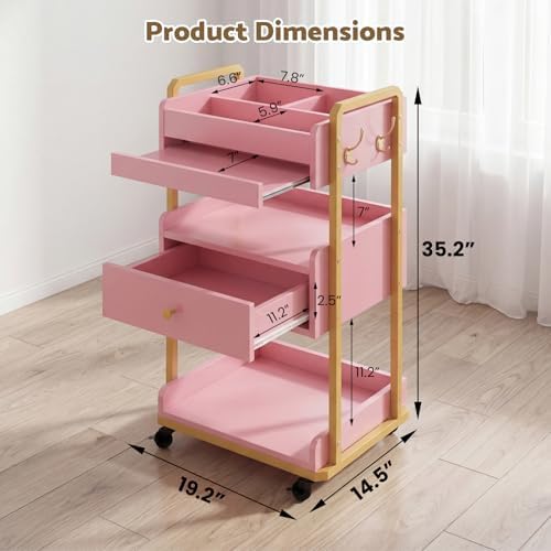 Salon Spa Cart with Storage, 3-Tier Rolling Beauty Storage Cart, Pink - Image 3