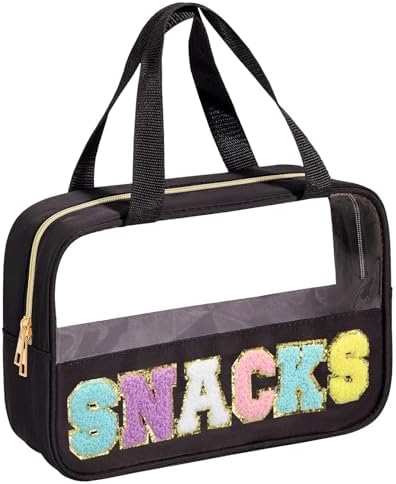 BuyCard Chenille Letter Clear Snack Makeup bag, Preppy Snacks Cosmetic Bag, Nylon & PVC Waterproof Travel Pouch with Zipper & Handle, Large Capacity Toiletry Organizer Bag for Women & Girls (Black) by BuyCard