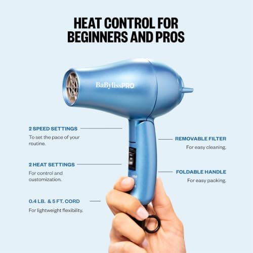 BaBylissPRO Nano Titanium Travel Hair Dryer, 1000 Watt Professional Blow Dryer with Concentrator Nozzle, Foldable Handle, Dual Voltage - Image 5