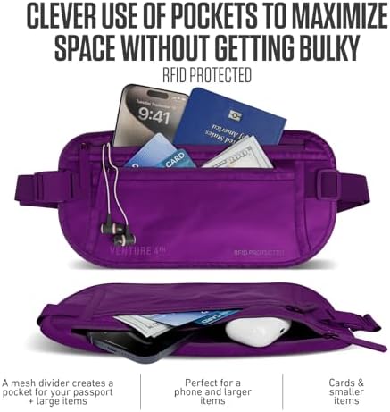 VENTURE 4TH Travel Money Belt, RFID Blocking Passport Holder - Sleek Purple - Image 2