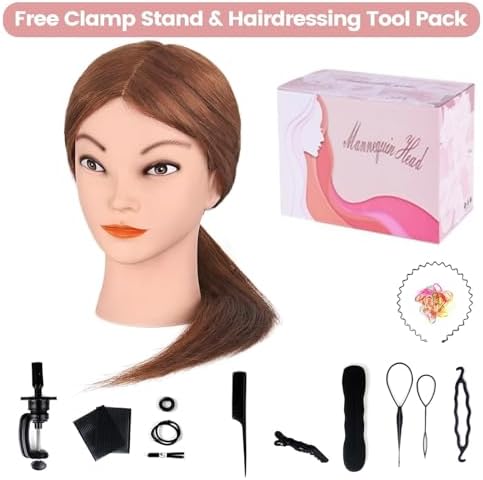 MYSWEETY Mannequin Head with Hair, Doll Head for Hair Styling, Manikin Head with 100% Human Hair Cosmetology Makeup Hairdressing Training Head with Clamp Holder and Tools(18" Auburn, Makeup) - Image 6
