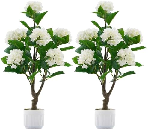 Artificial Hydrangea Tree 2 Pack, 3FT Faux Hydrangea Plant in Pot with White Flowers, Greenery Potted Plant for Indoor Outdoor Office Home Porch Decor, White by Jcezvnt