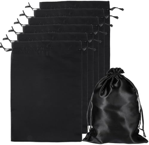 6Pcs Wig Bags with Satin Drawstring, Black Silk Hair Storage Bags for Multiple Wigs, Bundles, Extensions(Black) by Unknown