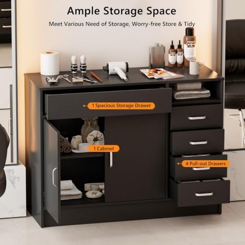 Paddie 5-Drawers Salon Station Free Standing Cabinet, Salon Furniture Hair Styling Stations w/4 Side Drawers, 1 Middle Drawer, 1 Cabinet & Open Shelf, Barber Table Hair Salon Furniture - Image 4