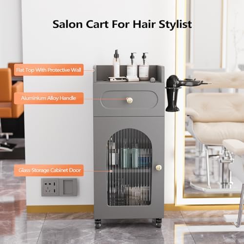 OmySalon Salon Cart with Wheels, 3-Tier Rolling Beauty Cart with Glass Door & Dryer Holder, Mobile Hair Styling Station for Barber, Spa, Esthetician, Nail & Tattoo Artists, Lockable Storage, Grey - Image 2