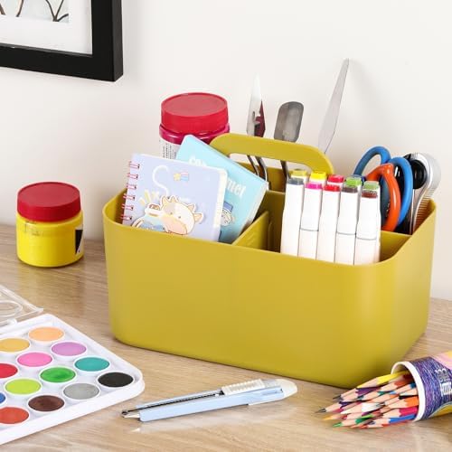 Multiuse Caddy Organizer with Handle, Portable Divided Plastic Tote Bin - Art Craft, Stationary Pen Marker Crayon, Makeup Hair Supplies Storage - Bathroom, Classroom, Dorm, Office, Desk Holder -Yellow - Image 3
