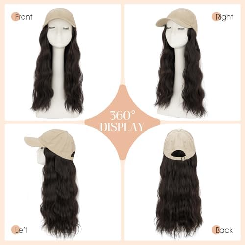 Rich Choices Hat Wigs for Women,Khaki Baseball Cap with Hair Extensions for Women,Caps with Wavy Curly Synthetic Long Hair Attached Adjustable Baseball Cap Wig 18 Inch Dark Brown Hair - Image 5