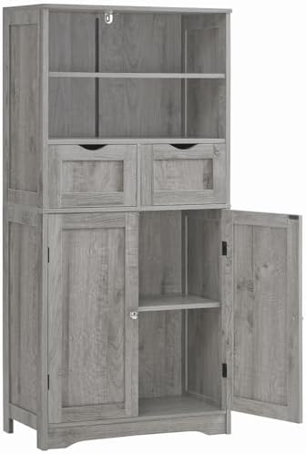 Iwell Storage Cabinet with 2 Drawers & Adjustable Shelf, Tall Bathroom Cabinet with Doors, Cupboard, Kitchen Cabinets for Living Room, Dining Room, Entryway, Grey by IWELL