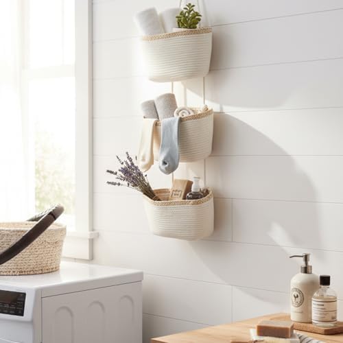 TeoKJ Over the Door Hanging Storage Basket Wall Organizer White&Light Brown - Image 5