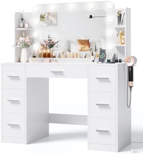 JUMMICO Makeup Vanity Desk with Large Mirror and Lights, Vanity with Power Strip and Hairdryer Holder, 6 Open Shelves and 7 Drawers Modern Dressing Table, for Bedroom (White) by JUMMICO