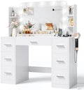 JUMMICO Makeup Vanity Desk with Large Mirror and Lights, Vanity with Power Strip and Hairdryer Holder, 6 Open Shelves and 7 Drawers Modern Dressing Table, for Bedroom (White) by JUMMICO