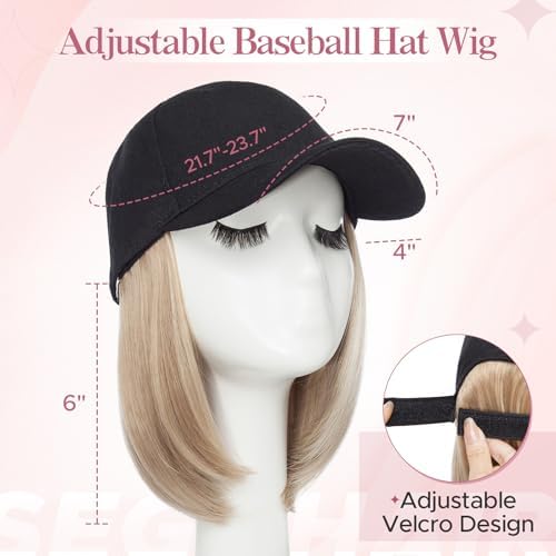 SEGO Baseball Cap with Hair Extensions for Women Heat Resistant Synthetic 6" Adjustable Short Straight Hairpiece Replacement Wigs in Black Hat for Girls 85P613 Light Blonde Mix Bleach Blonde - Image 3