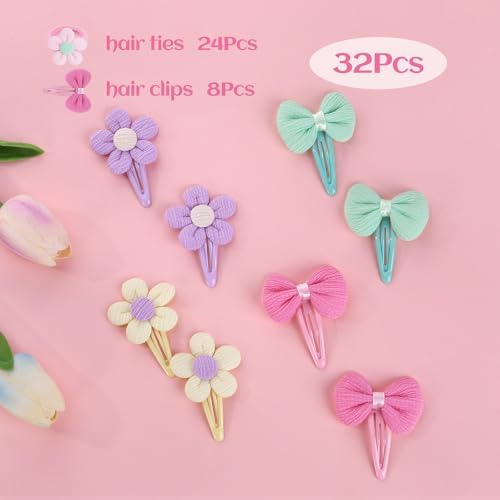 32 Pcs Toddler Hair Ties Hair Clips for Girls Baby Hair Bows Flower Hair Ties Elastics Baby Hair Ties Ponytail Colorful Bow Hair Clip Cute Flower Scrunchies Hair Accessories - Image 3