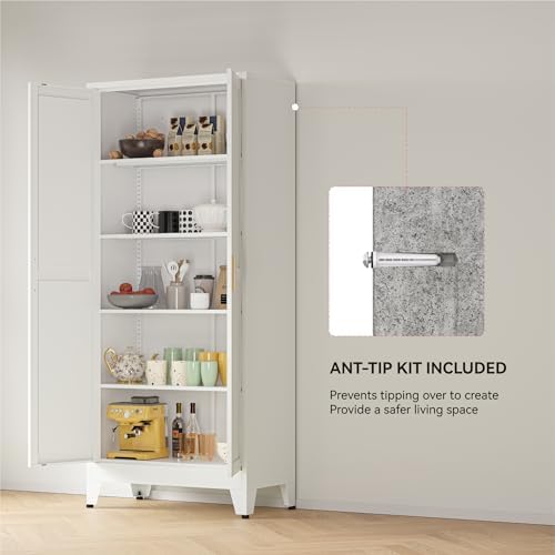 YAUWOH 71''Metal Cabinet with 4 Adjustable Shelves,5-Tier Pantry Storage Cabinet,Kitchen Pantry Cabinet for Living Room,Dining Room, (1PC,White) - Image 5