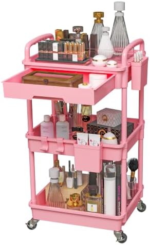 REBECAT 3 Tier Rolling Makeup Cart Cosmetic Display Organizer with Drawer by REBECAT