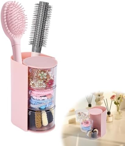 Pink Hair Accessory Organizer, 3-Layer Clear Hair Accessories Organizer Rotatable Small Jewelry Box for Clip Earring Necklaces, The Latest Gift for A Girl. by Unknown
