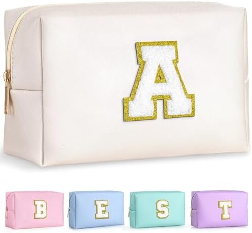 TOPEAST Initial Makeup Bag, Personalized Initial Bags with Zipper, Cute Makeup Pouch, PU Leather Waterproof Cosmetic Bag, Birthday Gift for Women, Preppy Things for Girls (White A) by TOPEAST