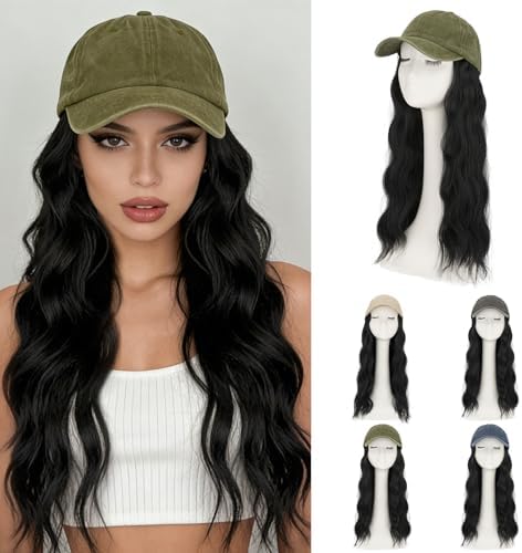 Rich Choices Hat Wigs for Women,Olive Green Baseball Cap with Hair Extensions for Women,Caps with Wavy Curly Synthetic Long Hair Attached Adjustable Baseball Cap Wig 18 Inch Black Hair by RichChoices