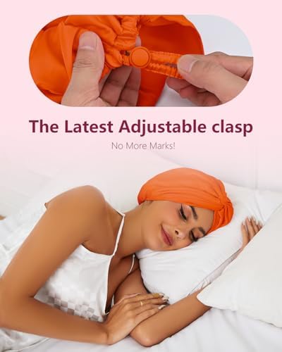 HFRHTGY Adjustable Silk Satin Hair Bonnet for Sleeping, Double Layer Hair Wrap Sleep Cap Turban for Women Men, Curly Straight Braid Unisex (Tangerine Orange 58) - Image 2
