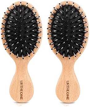 2Pcs Hair Brush Mini Boar Bristle Hairbrush for Thick Curly Thin Long Short Wet or Dry Hair Detangle Massage Add Shine, Pocket Travel Small Paddle Hair Brush for Men Women Kids by URTHEONE