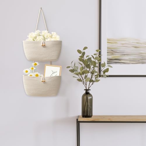 TeoKJ Over the Door Hanging Baskets with Button Strap, 3-Tier Woven Cotton Storage Organizer Bag, Wall-Mounted with Hook Decorative Hanging Kitchen Baskets - White - Image 6