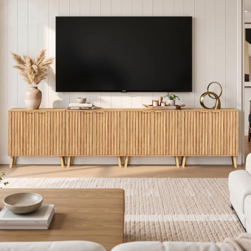 Vrullu Fluted Storage Cabinet, Freestanding Buffet Cabinet with Adjustable Shelf, Wood Sideboard, Multifunctional Accent Storage for Living Room, Hallway, Entryway, Dining Room (4, Oak) - Image 3