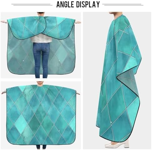 Blueangle Teal Watercolor Geometric Plaid Barber Cape Waterproof Salon Hairdresser Cape with Adjustable Snap Closure, Perfect for for Men Salon and Home Use - Image 5