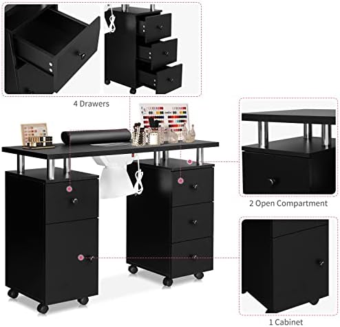OmySalon Manicure Table Nail Desk for Nail Tech, Nail Table Station w/Electric Dust Collector, Nail Makeup Beauty Salon Storage Acetone Resistant w/Lockable Wheels,Wrist Cushion,4 Drawers&Cabinet - Image 6