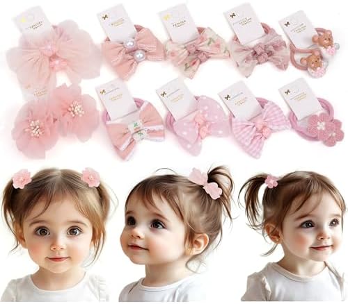 10 pairs Hair Ties With Bows 1.2 Inch Small, Ponytail Holders Pigtails Elastic Bands Hair Accessories For [Toddler] Kids [Baby] [Girl]s (Set-A) by BIANHUAN