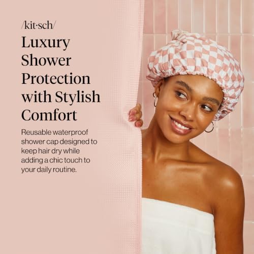 Kitsch Luxury Satin-Lined Flexi Shower Cap for Women - Terracotta Checker - Image 2