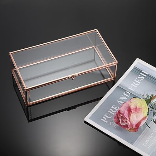 Hipiwe Glass Keepsakes Display Box Jewelry Organizer Box with Lid Decorative Glass Box Clear Rectangle Storage Box for Trinket Perfume Collection Gift for Birthday Anniversaries,Rose Gold Large - Image 6