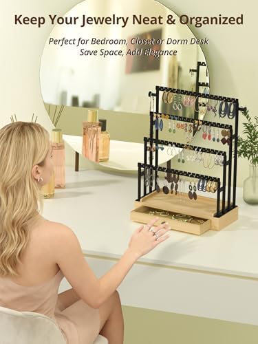 Earring Holder Organizer, 4-Tier Metal Jewelry Display Stand with Wooden Drawer, Large Earring Organizer for Studs, Hoops, and Dangles, Modern Earring Storage Rack for Vanity or Dresser - Image 5
