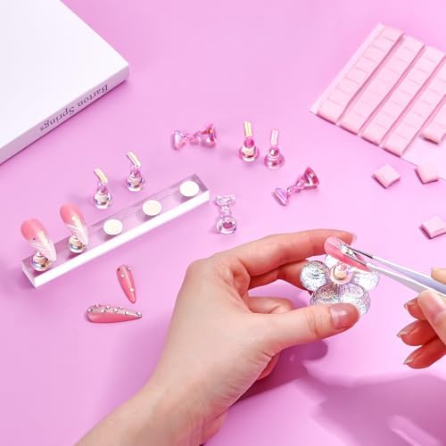 Makartt Press on Nails Stand: Clear and Pink Nail Holder for Painting Nails, Stands for Art Display Practice, Magnetic Clear Glitter Flower Fake Holders with Reusable Adhesive Putty for Home Salon DIY - Image 2