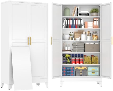 79" White Metal Storage Cabinet with 2 Doors and 5 Adjustable Shelves,Steel Garage Tool Cabinet, File Cabinet,Kitchen Pantry Cabinet for Home,Office,Garage,School,Warehouse by BAOLIWO