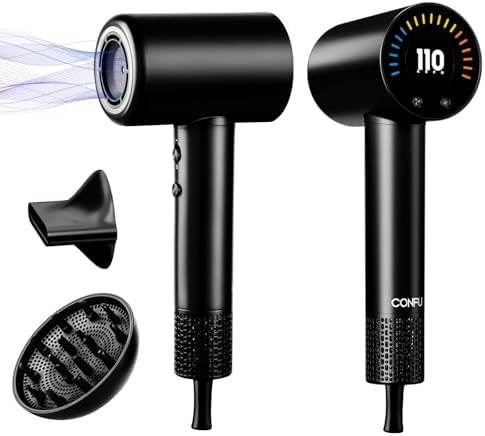 CONFU Hair Dryer, 110000 RPM Fast Drying Blow Dryer with Magnetic Diffuser and Concentrator, Professional Lightweight Ionic Hair Dryer for Women and Men Black by CONFU