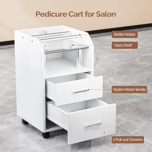 OmySalon Pedicure Cart, Foot Bath Trolley with Storage Drawer & Bottle Racks, Portable Salon Station for Esthetician Manicure & Foot Massage, Beauty Spa Supplies with Locking Wheels, White - Image 7
