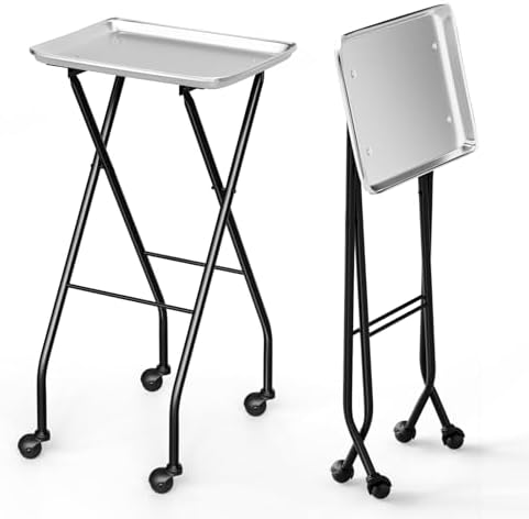 OmySalon Salon Tray on Wheels Folding Color Trays for Salon, Aluminium Tattoo Tray Rolling Trolley Cart Mobile Hair Cart for Cosmetology Stylist Hairdresser, Beauty Spa Service Storage Station by OmySalon