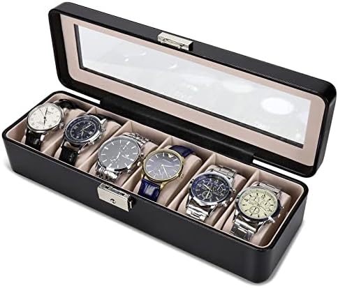 Watch-Box Organizer for Men and Women: Watch-Case Holder 6-Slot Watch Box Pu-Leather Watch-Display with Glass Window and Lock Black by BareTulip