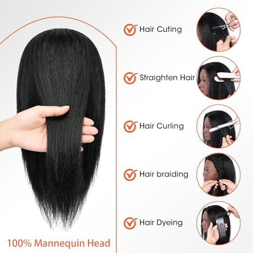 Mannequin Head with 100% Human Hair,TopDirect 16"Real Hair Cosmetology Mannequin Manikin Head Hair Styling Hairdressing Practice Training Doll Head with Clamp Holder and Tools (Black) - Image 5